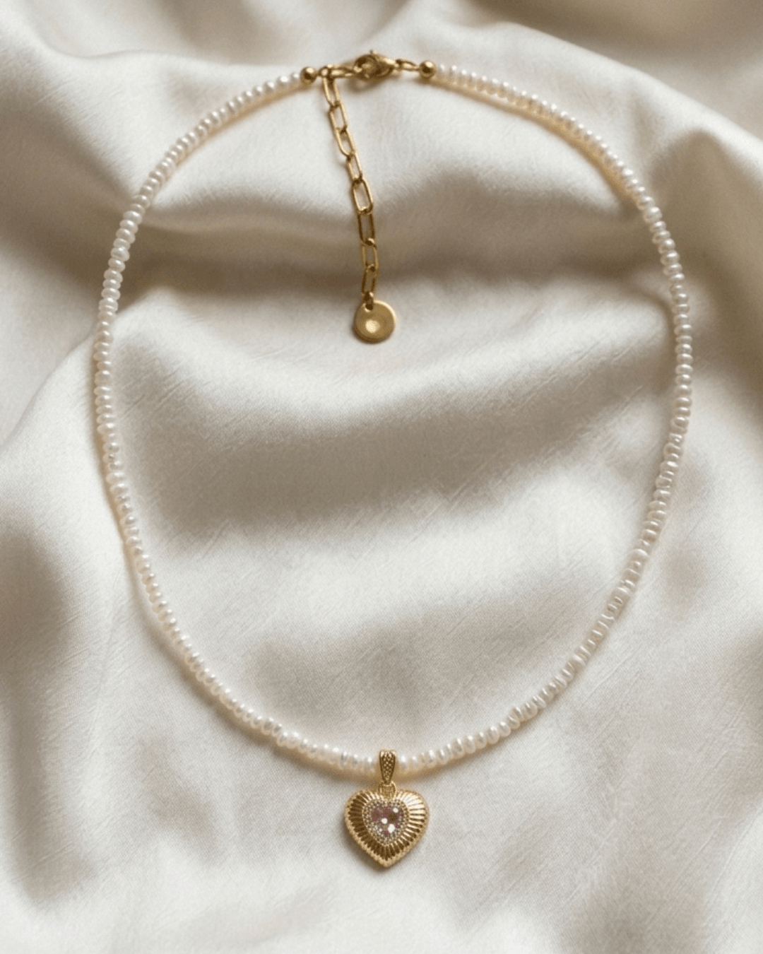 Ribbed Heart Pendant Pearl Set - Foramour Jewels - 18K Gold Plated - Sweat, water proof