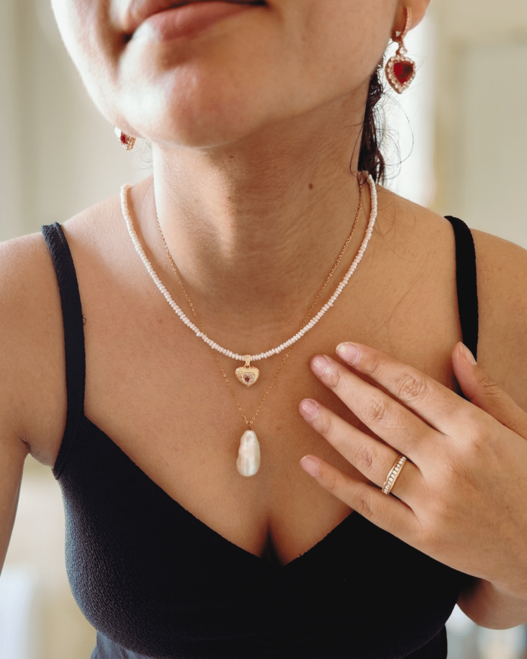 Ribbed Heart Pendant Pearl Set - Foramour Jewels - 18K Gold Plated - Sweat, water proof