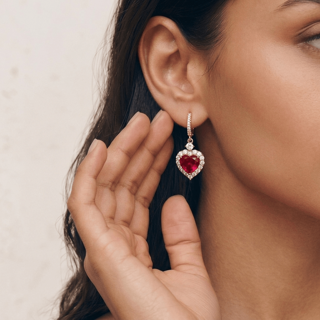 Ruby Heart Drop Earrings - Foramour Jewels - 18K Gold Plated - Sweat, water proof