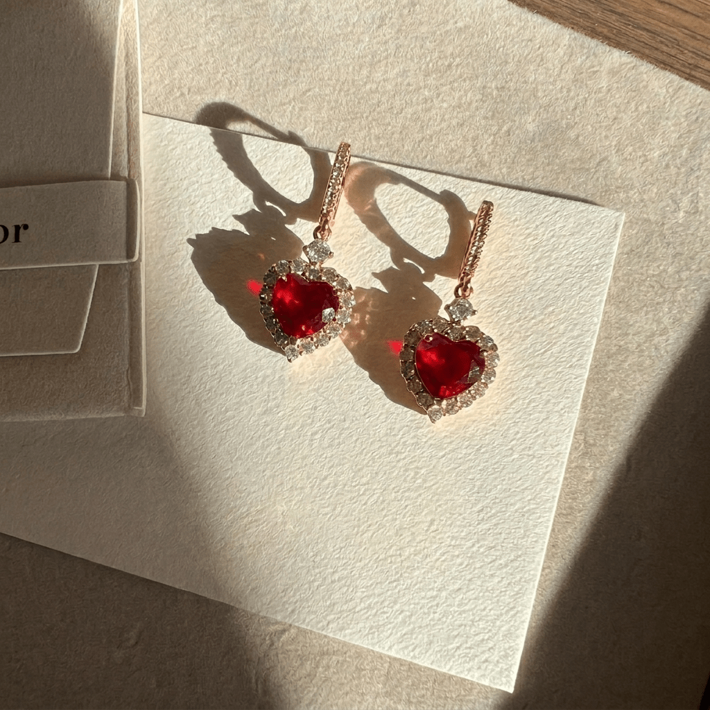 Ruby Heart Drop Earrings - Foramour Jewels - 18K Gold Plated - Sweat, water proof