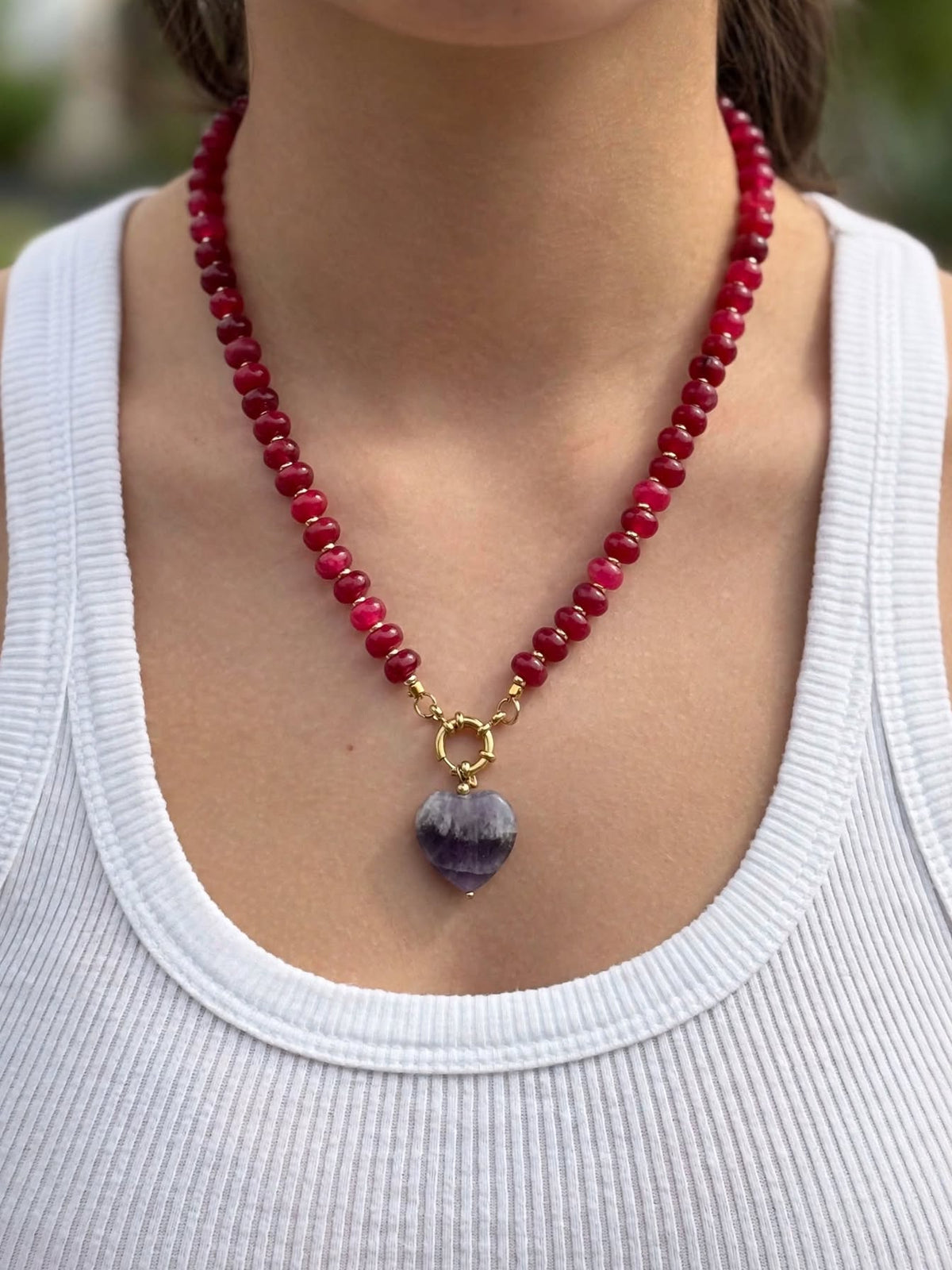 Ruby-red Jade & Amethyst Heart Beaded Necklace - Foramour Jewels - Gold PVD designer jewellery & charms