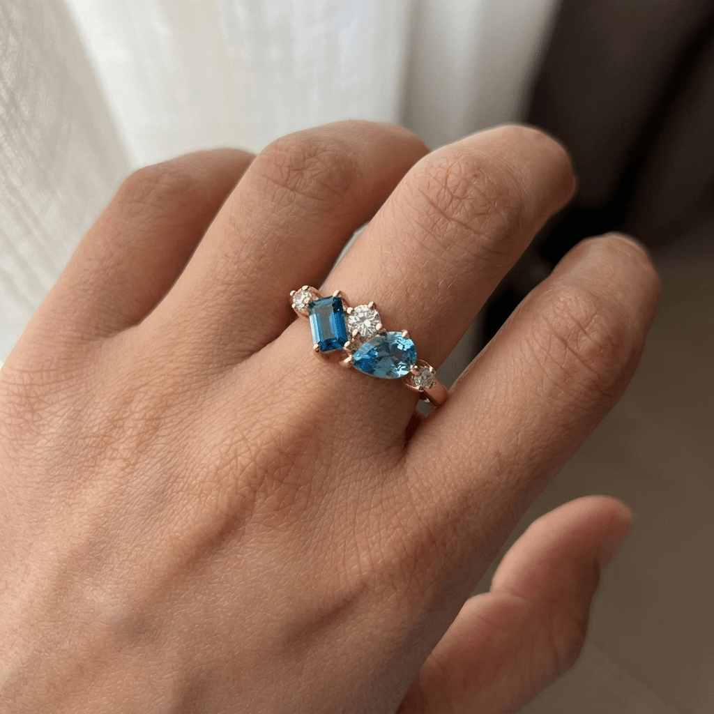 Sapphire & Blue Topaz color Cluster Ring - Foramour Jewels - 18K Gold Plated - Sweat, water proof