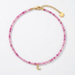 Sara's Necklace - Pink Beaded Choker with Moon Charm - Foramour Jewels - 18K Gold Plated - Sweat, water proof
