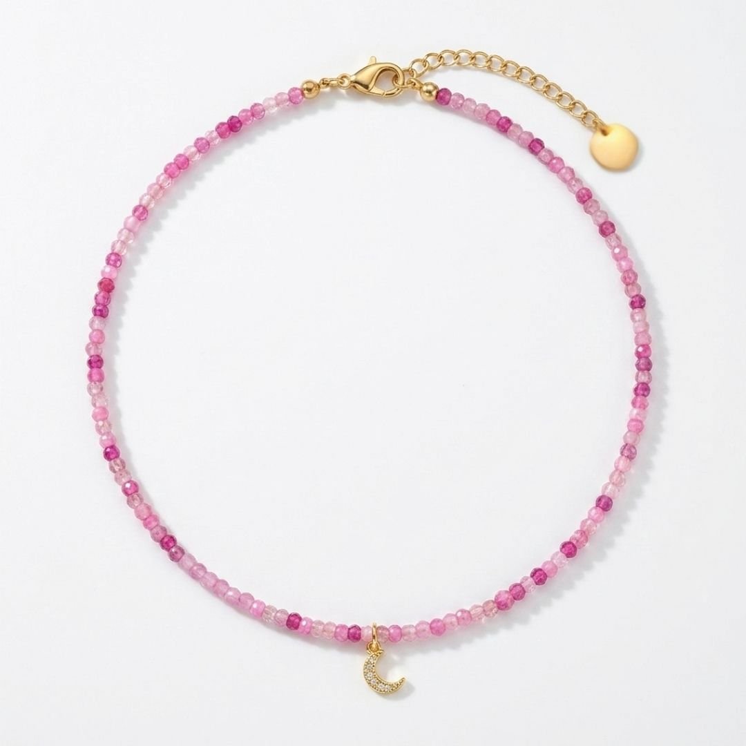 Sara's Necklace - Pink Beaded Choker with Moon Charm - Foramour Jewels - 18K Gold Plated - Sweat, water proof