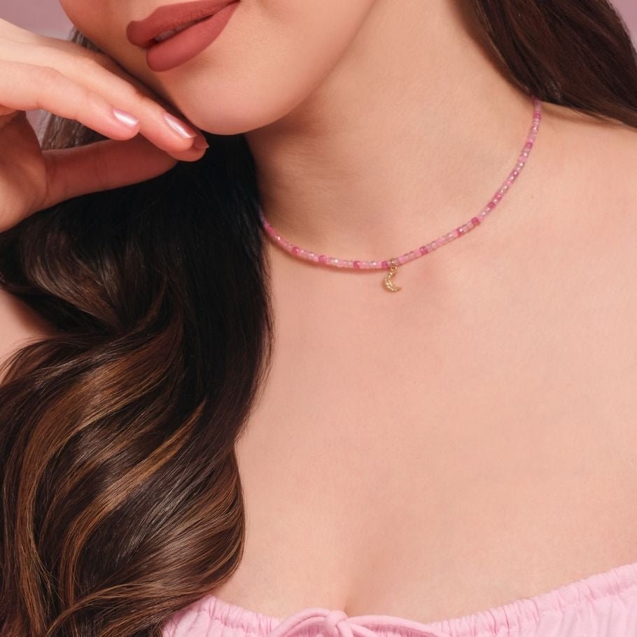 Sara's Necklace - Pink Beaded Choker with Moon Charm - Foramour Jewels - 18K Gold Plated - Sweat, water proof