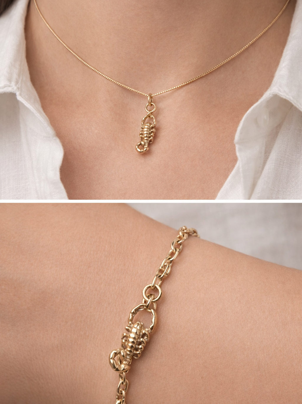 Gold necklace and bracelet with a scorpion design worn on a person's neck and wrist.