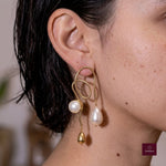 Sculptural Swirl Pearl Drop Earrings - Foramour Jewels - 18K Gold Plated - Sweat, water proof