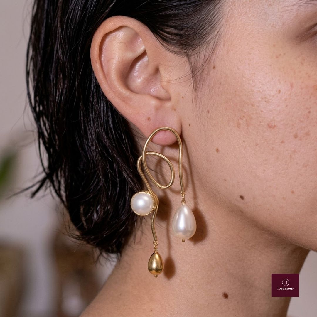 Sculptural Swirl Pearl Drop Earrings - Foramour Jewels - 18K Gold Plated - Sweat, water proof