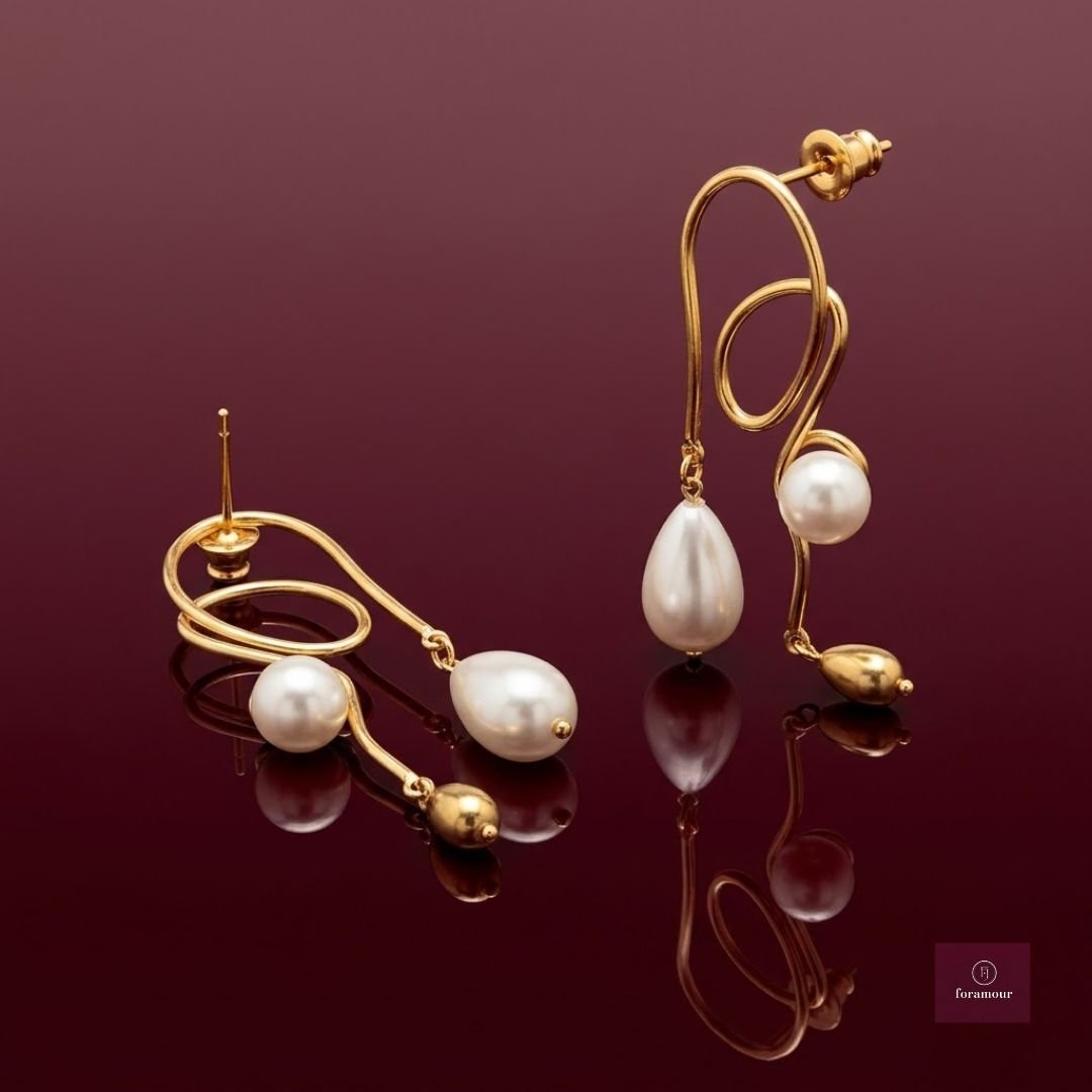 Sculptural Swirl Pearl Drop Earrings - Foramour Jewels - 18K Gold Plated - Sweat, water proof