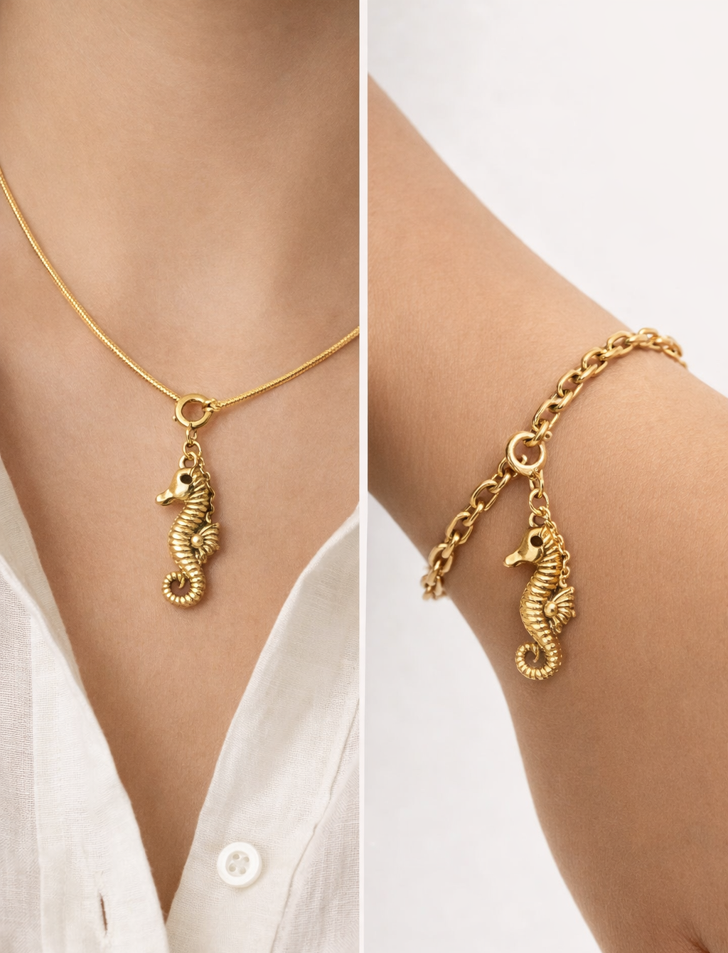 Gold seahorse necklace and bracelet on a person wearing a white shirt.