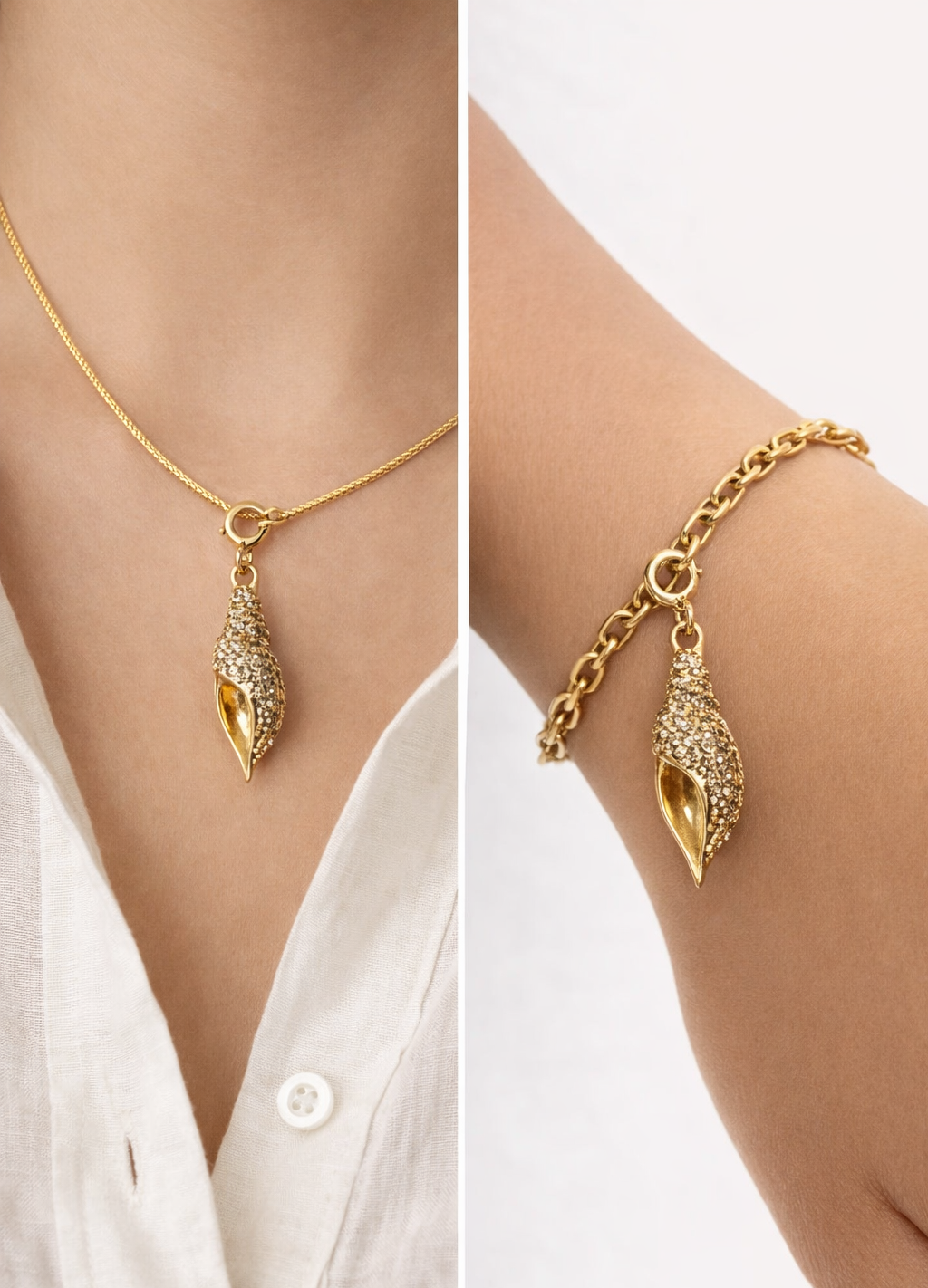 Gold shell pendant necklace and bracelet on a person wearing a white shirt.