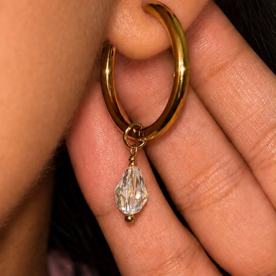 Shimmer by Simer Crystal Teardrop Hoop Earrings - Foramour Jewels - 18K Gold Plated - Sweat, water proof