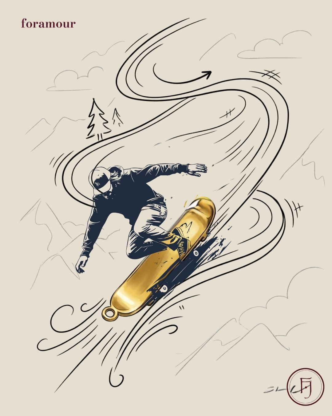 Illustration of a gold skateboard charm with decorative elements and 'foramour' branding.