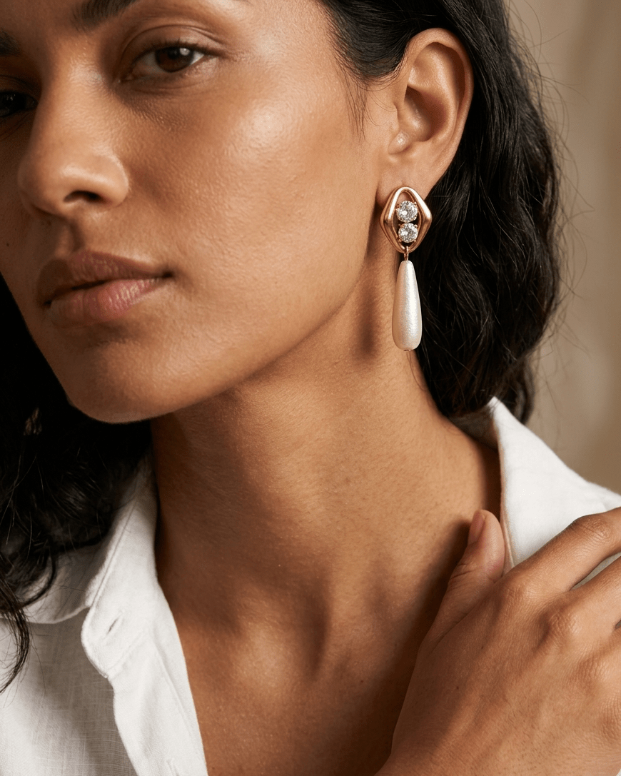 Slim & Textured Pearl Drop Earrings - Foramour Jewels - 18K Gold Plated - Sweat, water proof