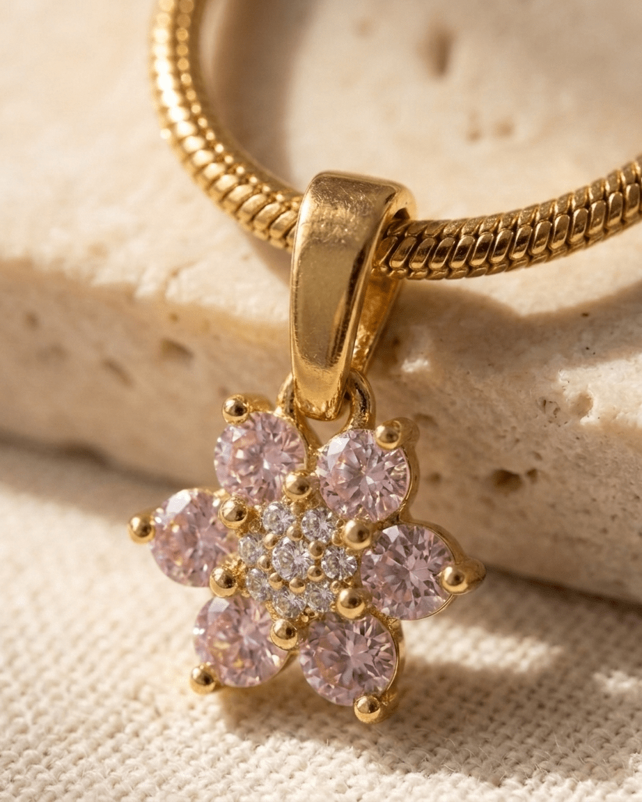 Small CZ Flower Pendant Necklace - Foramour Jewels - 18K Gold Plated - Sweat, water proof