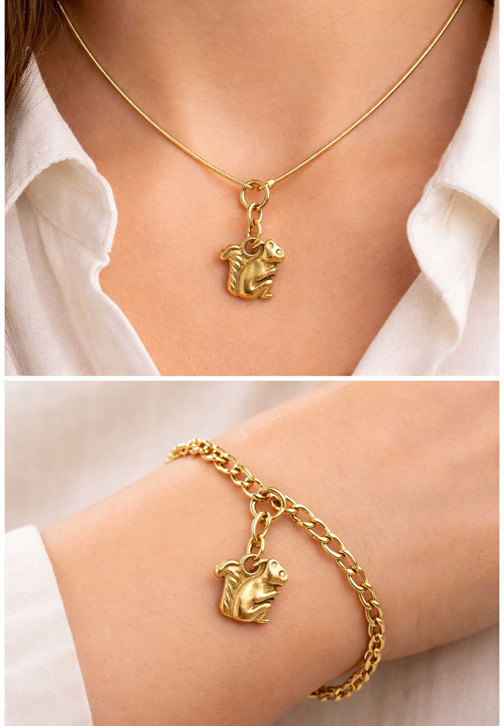 Gold necklace and bracelet with a squirrel charm worn by a person.