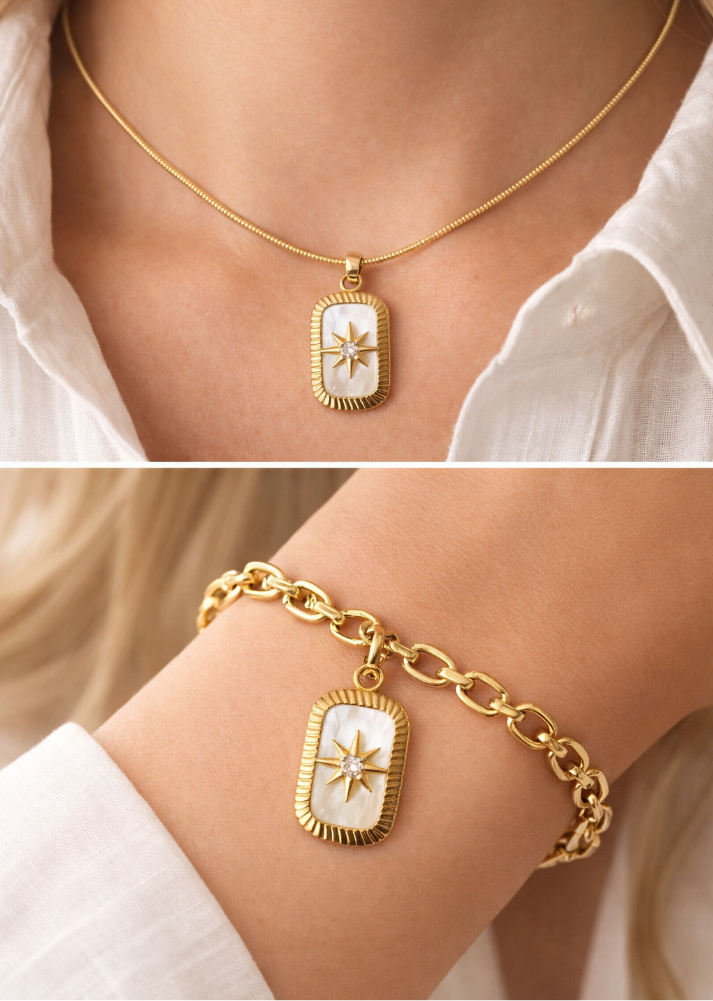 Gold necklace and bracelet with a star pendant worn by a person.