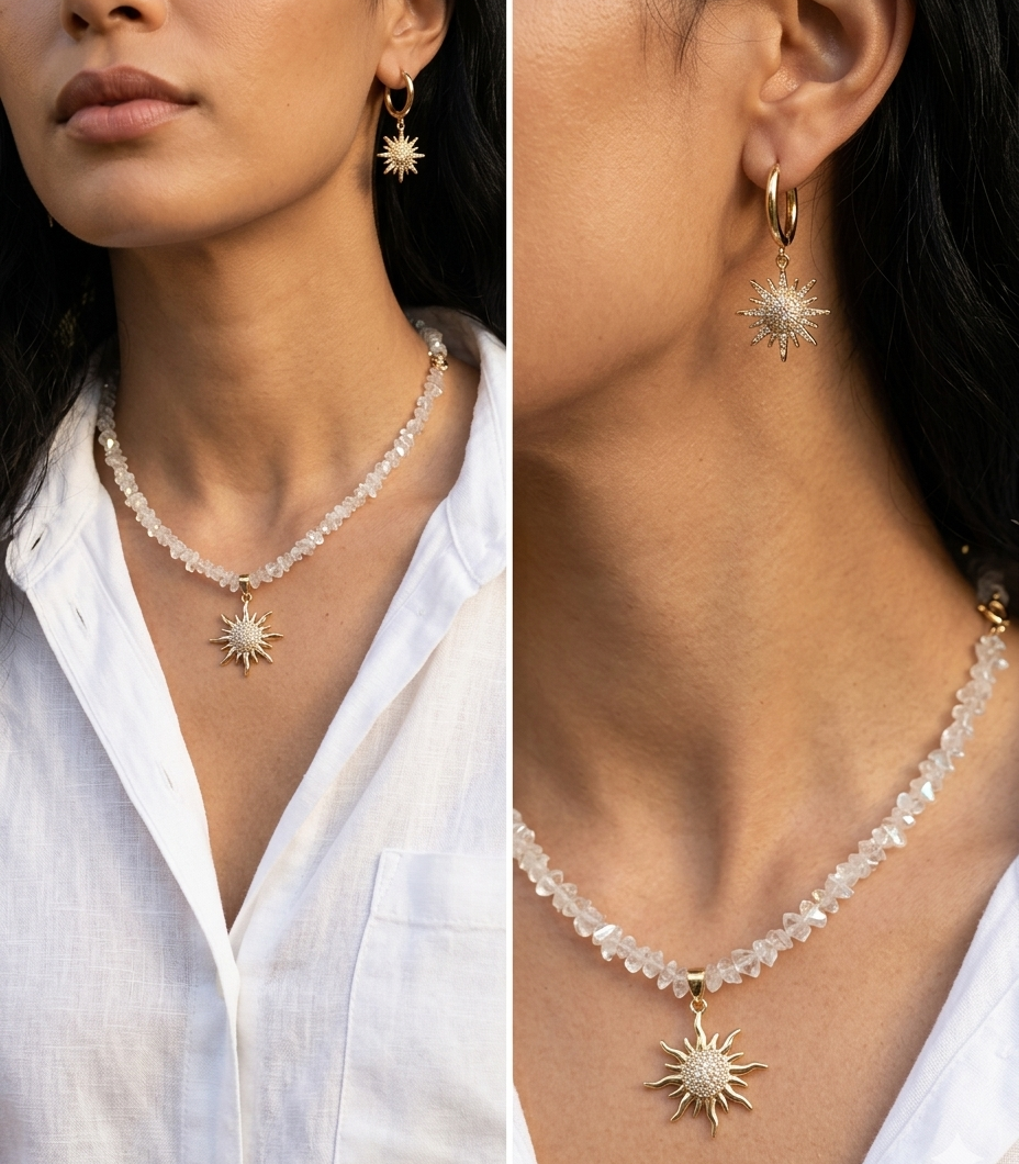 Close-up of a woman wearing a necklace and earrings with sun designs.