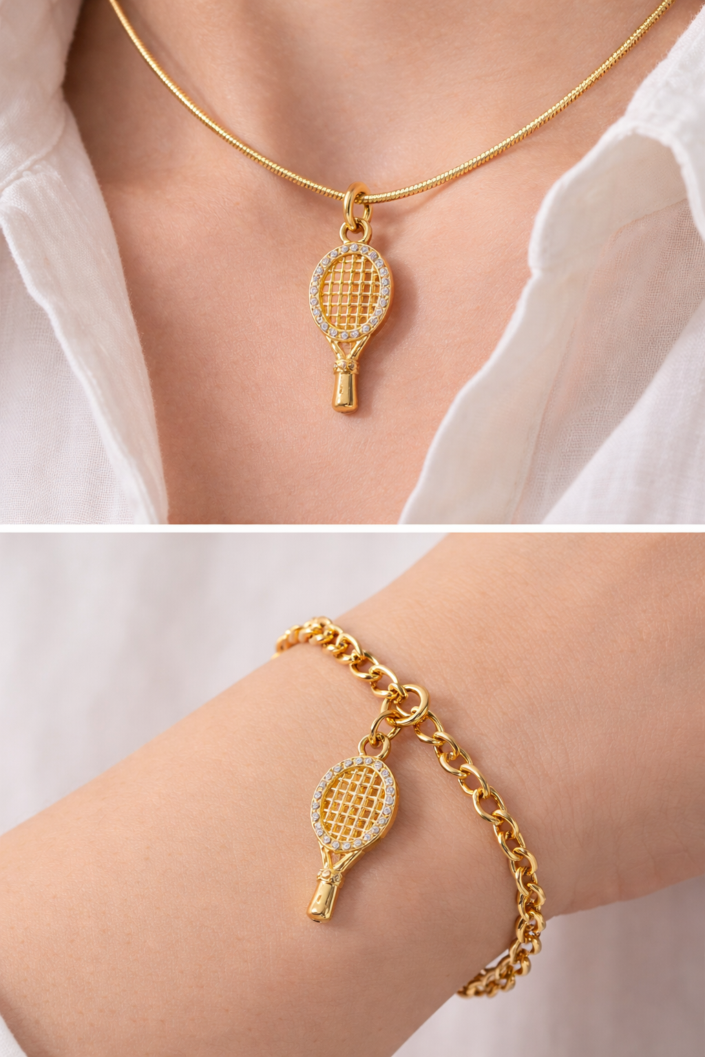 Gold tennis racket pendant necklace and bracelet on a person wearing a white shirt.