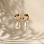 Teardrop Pearl Crescent Stud Earrings - Foramour Jewels - 18K Gold Plated - Sweat, water proof