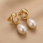 Teardrop Pearl Crescent Stud Earrings - Foramour Jewels - 18K Gold Plated - Sweat, water proof