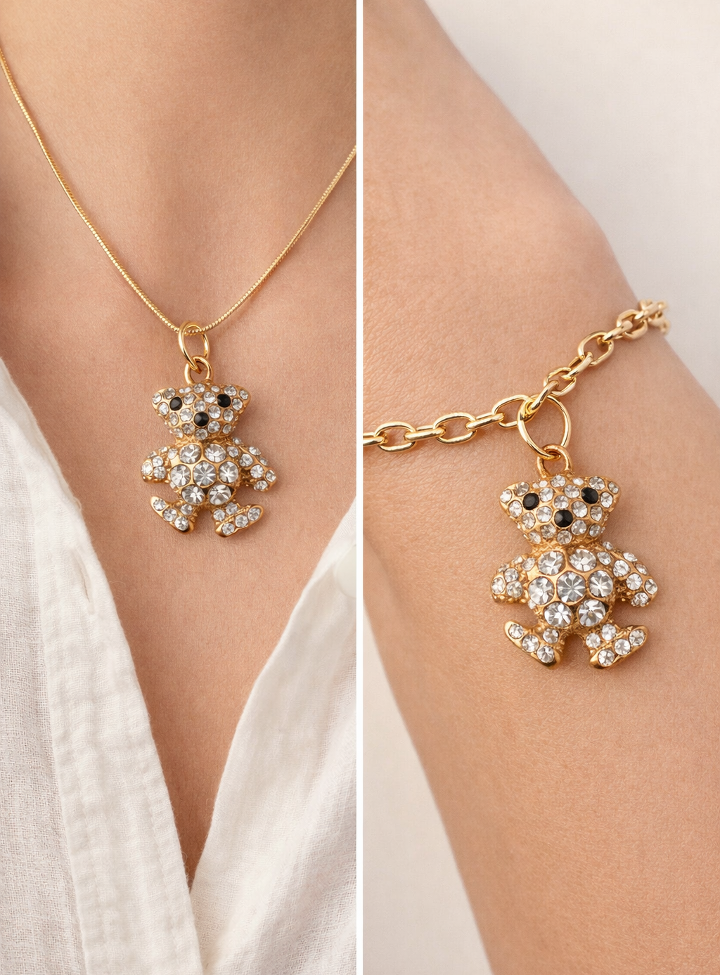 Gold teddy bear pendant necklace and bracelet on a person's wrist.