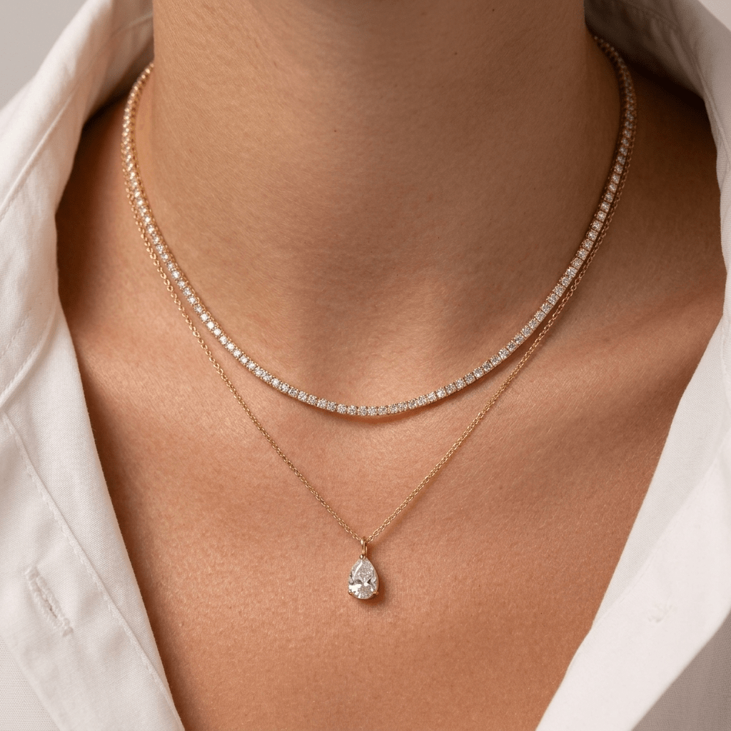 Tennis and Tear Drop Layered Necklace Set - Foramour Jewels - 18K Gold Plated - Sweat, water proof