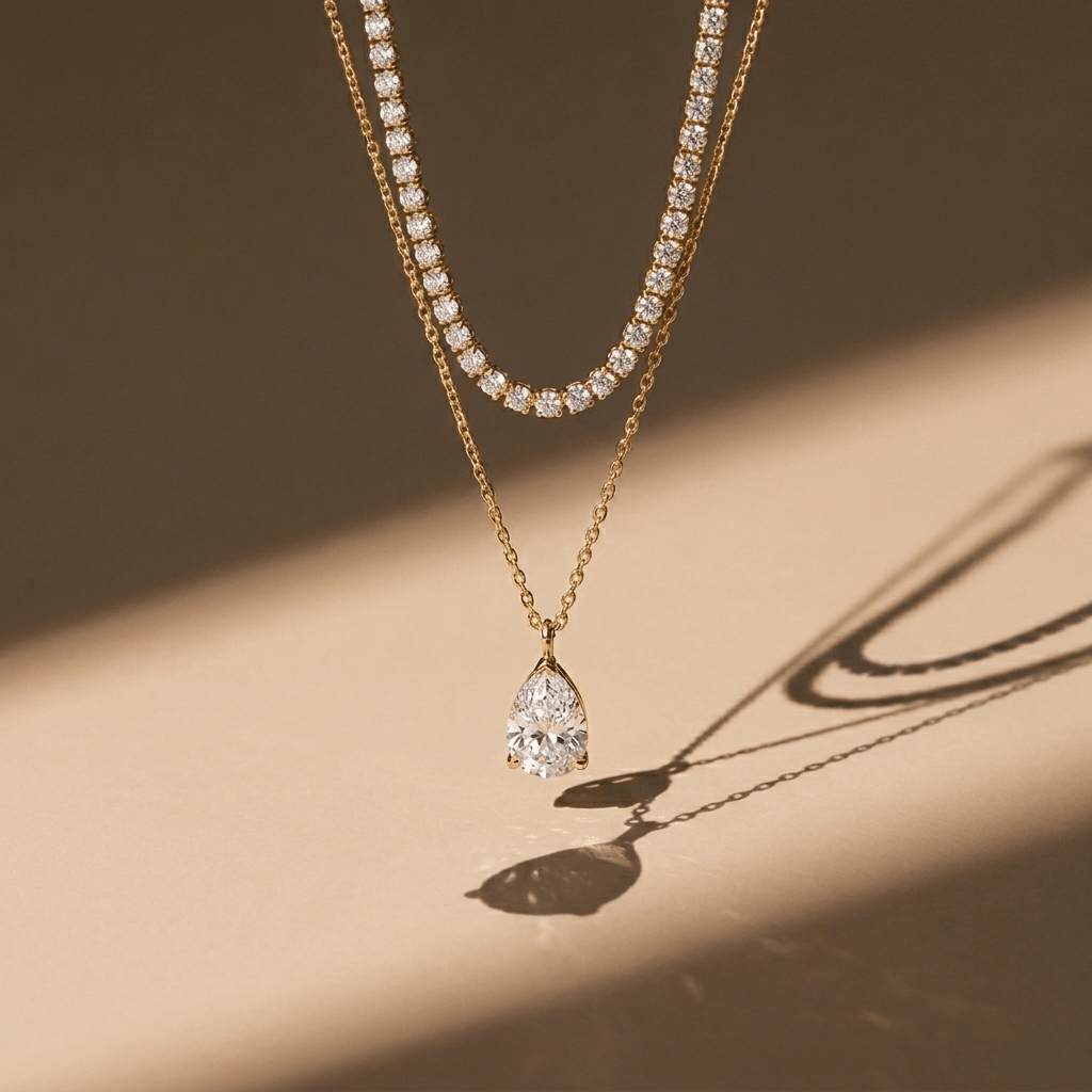 Tennis and Tear Drop Layered Necklace Set - Foramour Jewels - 18K Gold Plated - Sweat, water proof