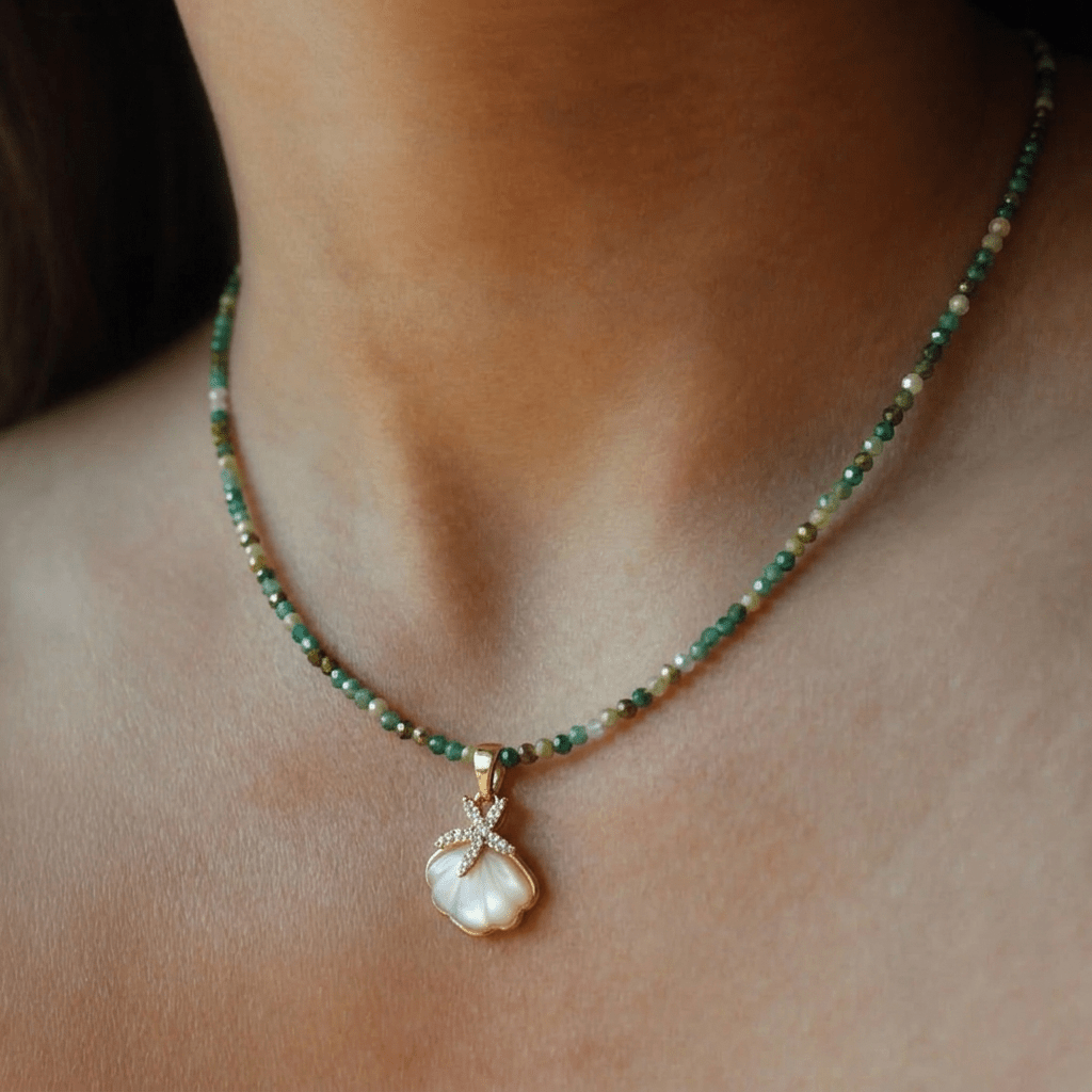 The Beaded Green Seashell & Starfish Necklace - Foramour Jewels - 18K Gold Plated - Sweat, water proof