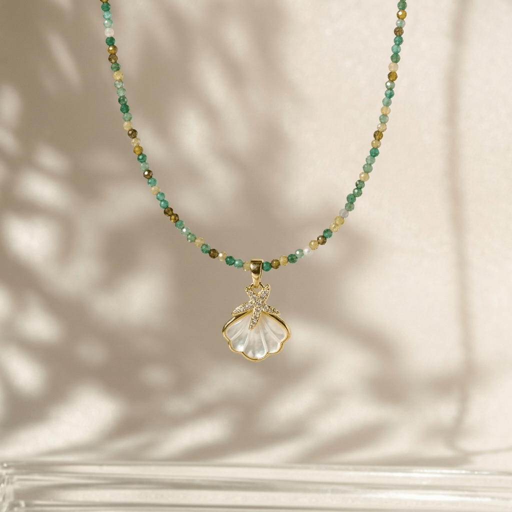 The Beaded Green Seashell & Starfish Necklace - Foramour Jewels - 18K Gold Plated - Sweat, water proof