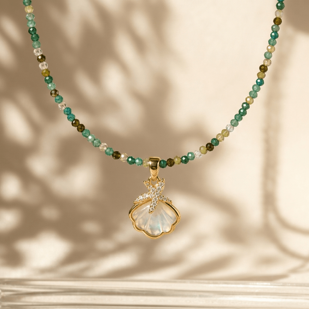 The Beaded Green Seashell & Starfish Necklace - Foramour Jewels - 18K Gold Plated - Sweat, water proof