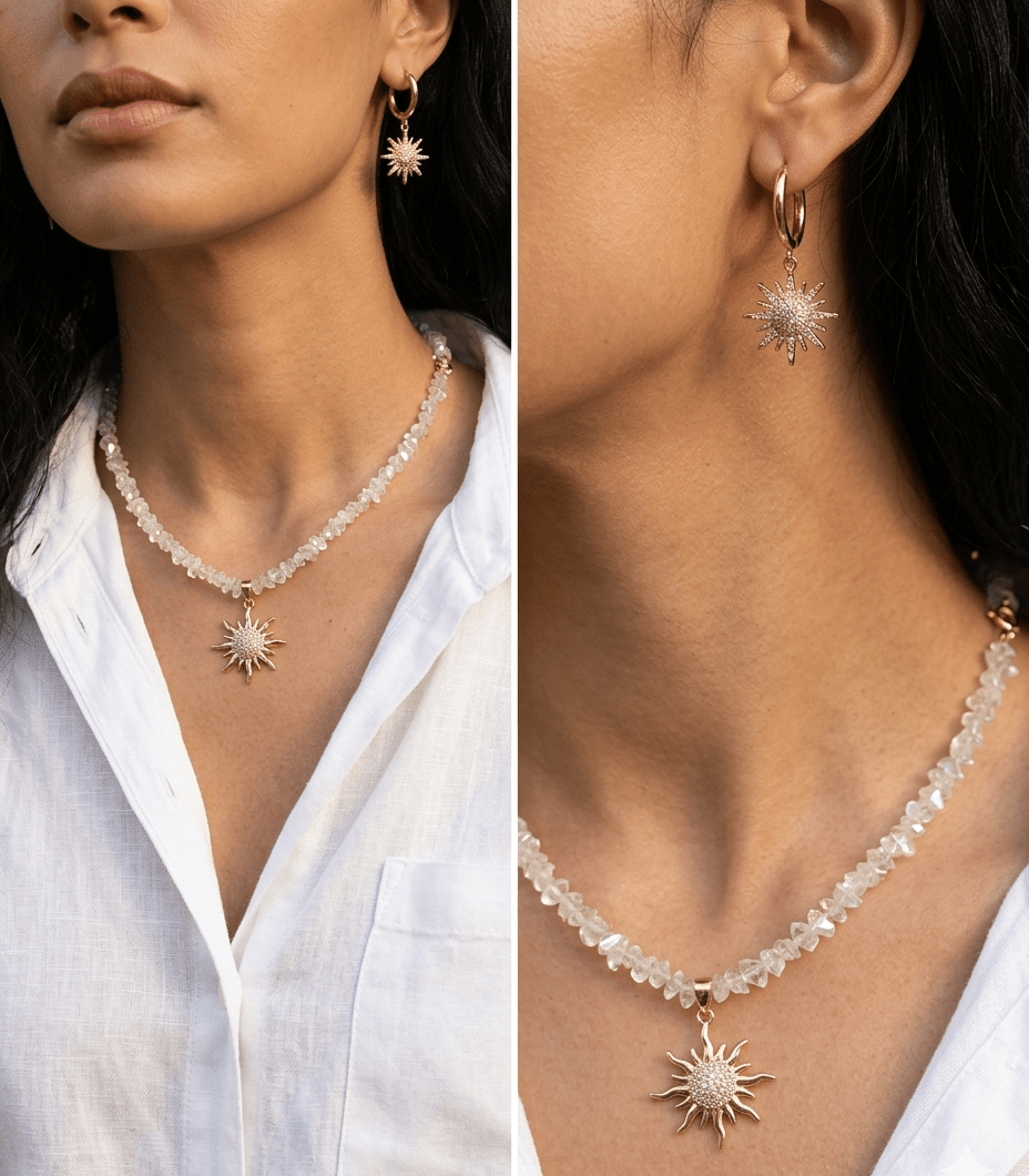 The Crystal Surya Necklace & Earrings Set - Foramour Jewels - 18K Gold Plated - Sweat, water proof