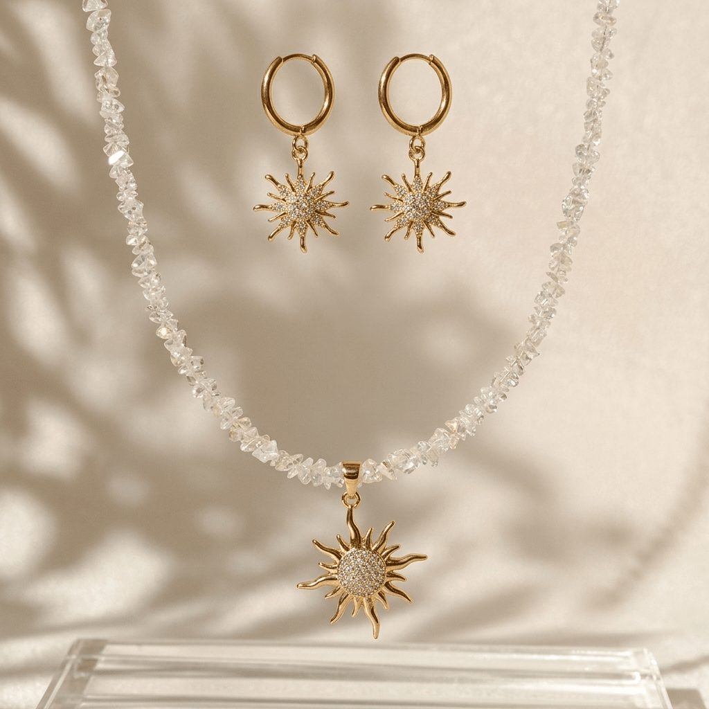 The Crystal Surya Necklace & Earrings Set - Foramour Jewels - 18K Gold Plated - Sweat, water proof