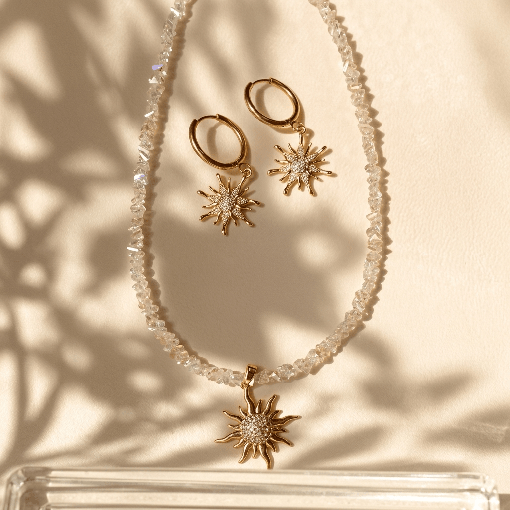 The Crystal Surya Necklace & Earrings Set - Foramour Jewels - 18K Gold Plated - Sweat, water proof