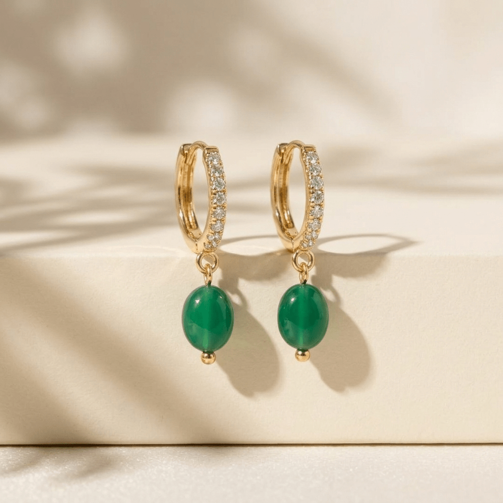 The Emerald-Green Cabochon Huggie Earrings - Foramour Jewels - 18K Gold Plated - Sweat, water proof