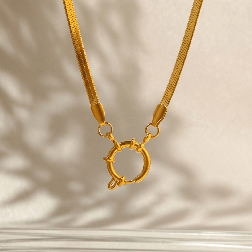 The Marine Clasp Herringbone Charm Chain Necklace - Foramour Jewels - 18K Gold Plated - Sweat, water proof