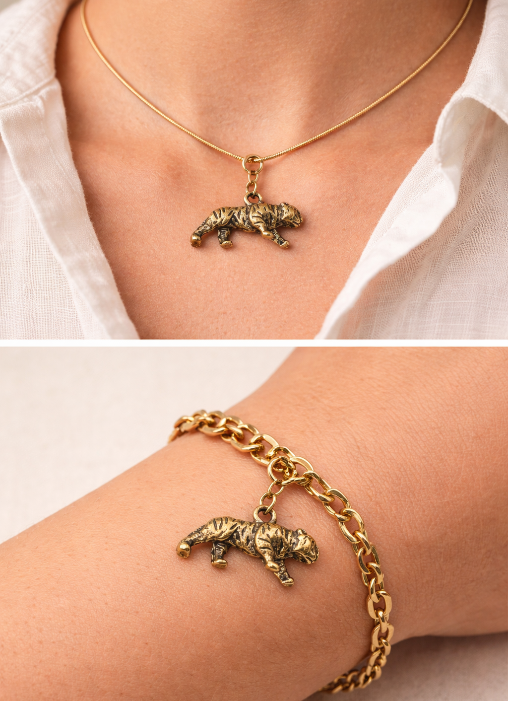 Gold necklace and bracelet with tiger pendants worn by a person.
