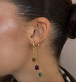 Tiger’s Eye, Amethyst & Emerald Triple Chain Drop Huggie Earrings - Foramour Jewels - 18K Gold Plated - Sweat, water proof