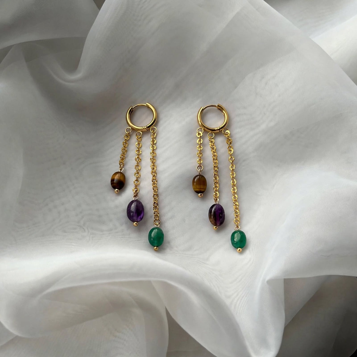 Tiger’s Eye, Amethyst & Emerald Triple Chain Drop Huggie Earrings - Foramour Jewels - 18K Gold Plated - Sweat, water proof