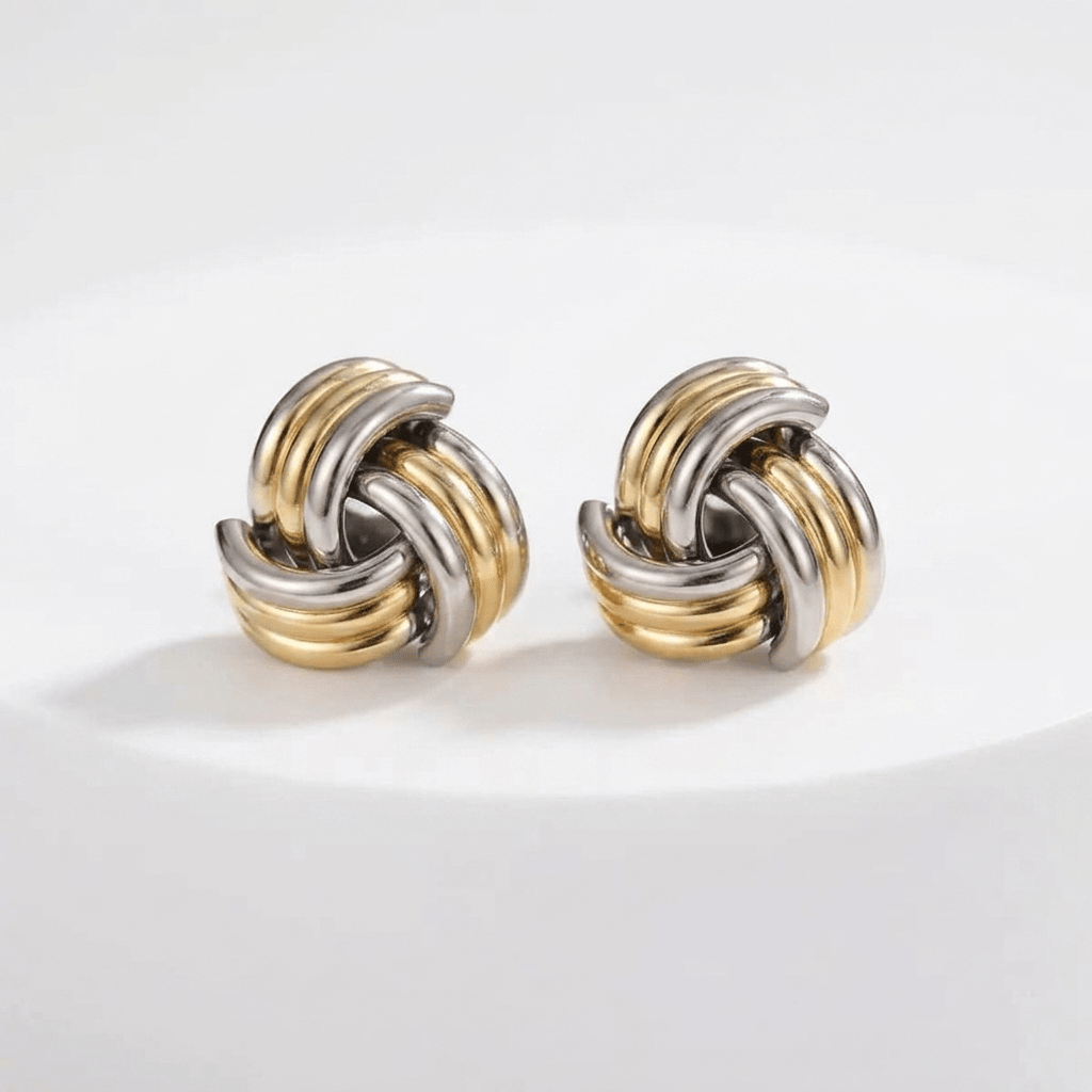Two-Tone Knot Stud Earrings - Foramour Jewels - 18K Gold Plated - Sweat, water proof