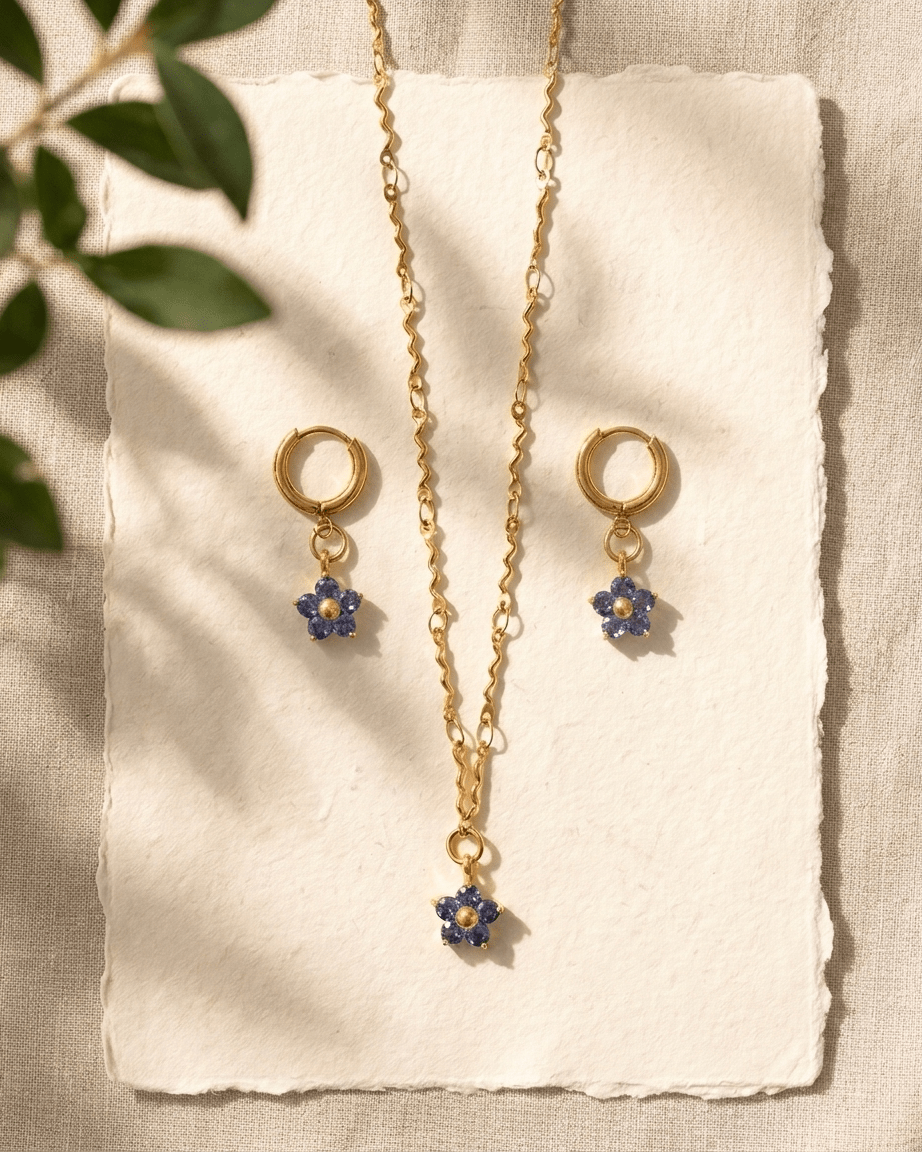 Wave Chain & Flower Necklace Set - Foramour Jewels - 18K Gold Plated - Sweat, water proof