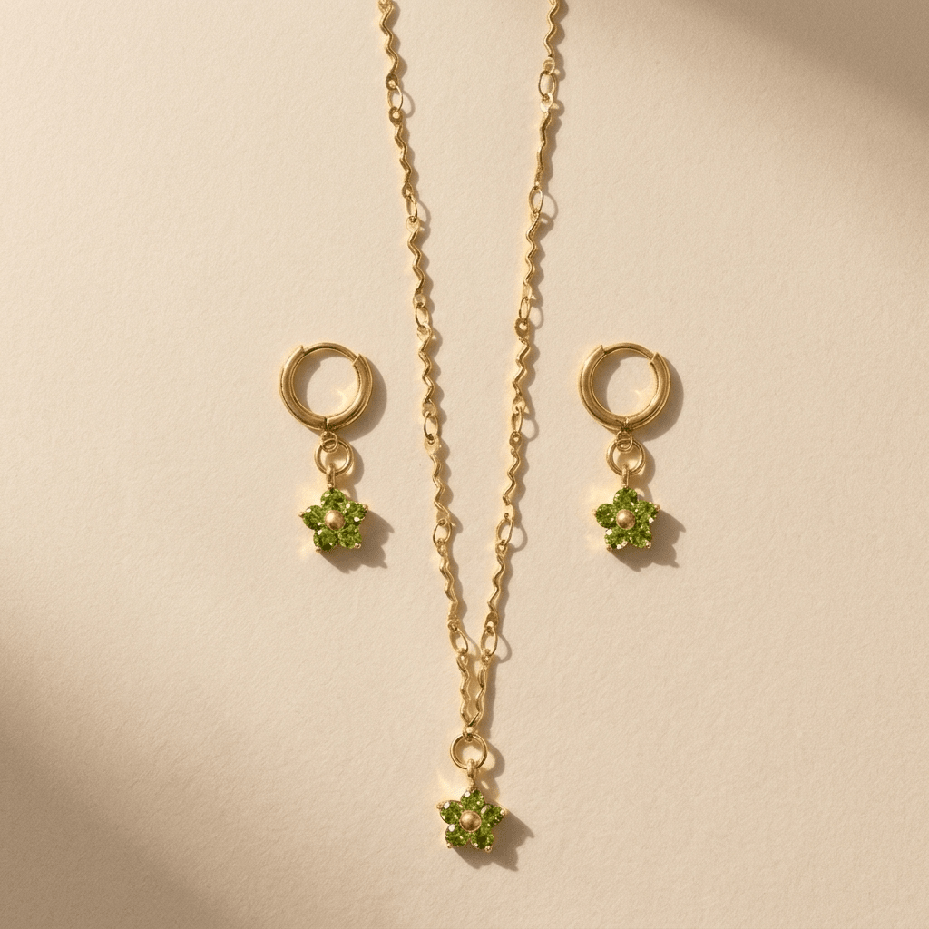 Wave Chain & Flower Necklace Set - Foramour Jewels - 18K Gold Plated - Sweat, water proof