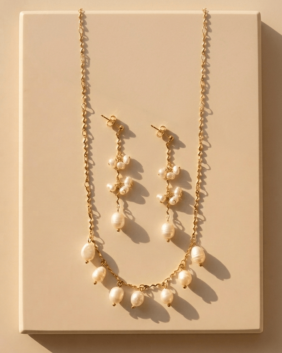 Wave chain Multi-Pearl Necklace Set - Foramour Jewels - 18K Gold Plated - Sweat, water proof