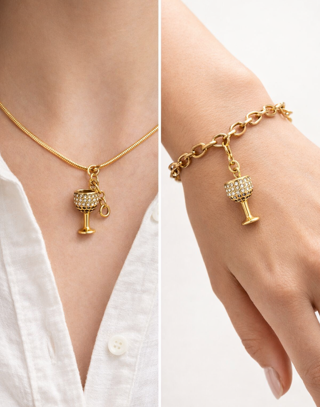 Gold necklace and bracelet with a wine cup charm on a white background