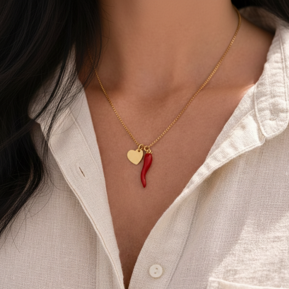 Necklace with a heart and red chili pepper pendant worn by a person in a white shirt.