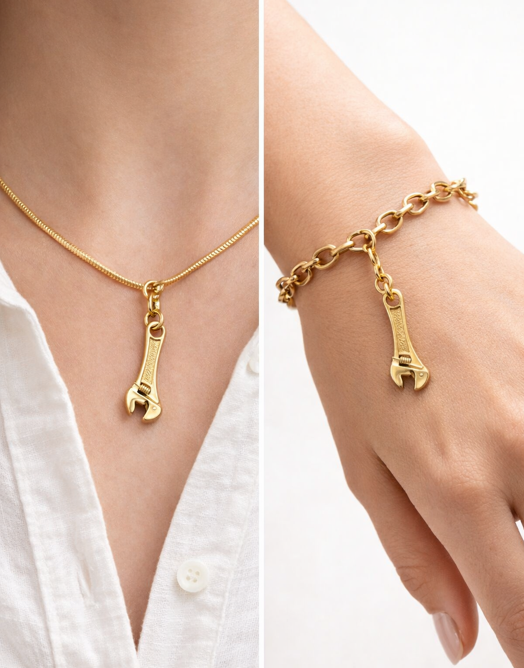Gold necklace and bracelet with wrench charms on a white background