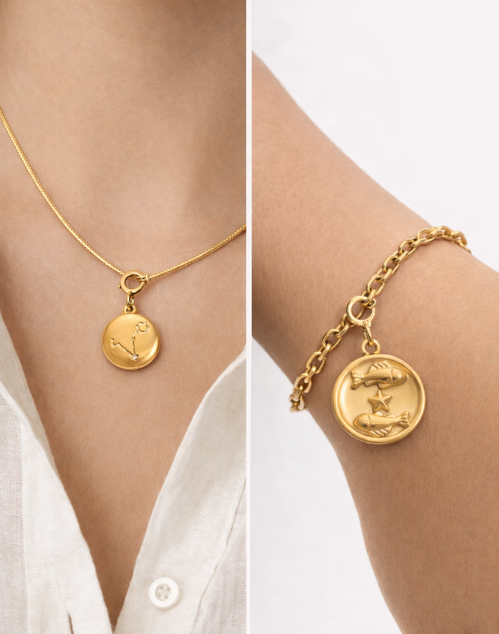 Gold necklace and bracelet with circular pendants on a person wearing a white shirt.